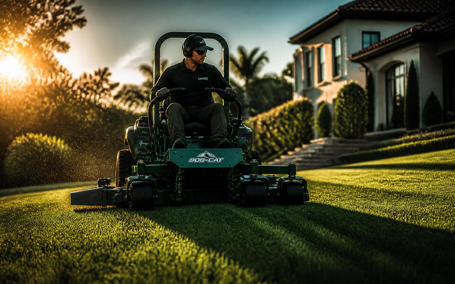 Professional lawn mowing at golden hour in Brisbane